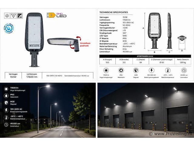 5 x led straatlamp 150w – 6400k koud wit - grijs – ip65 – florida-150 - afbeelding 5 van  5