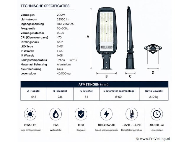 5 x led straatlamp 200w – 6400k koud wit - grijs – ip65 – florida-200 - afbeelding 4 van  5
