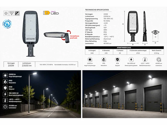 5 x led straatlamp 200w – 6400k koud wit - grijs – ip65 – florida-200 - afbeelding 5 van  5