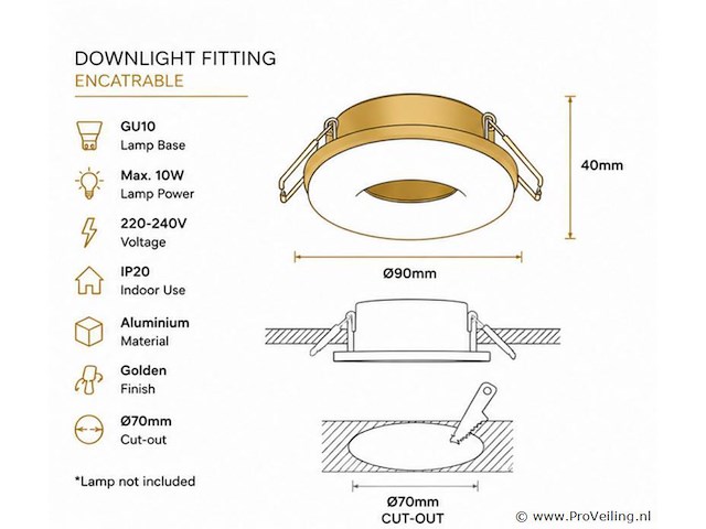 50 x downlight fitting – gu10 – goud – ø70mm – ip20 – kadife - afbeelding 3 van  5