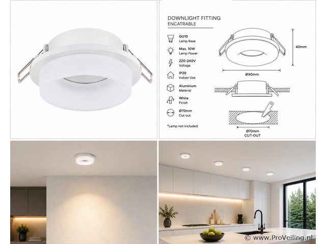 50 x downlight fitting – gu10 – wit – ø70mm – ip20 – kadife - afbeelding 5 van  5
