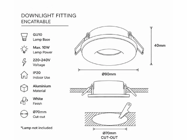 50 x downlight fitting – gu10 – wit – ø70mm – ip20 – kadife - afbeelding 4 van  5