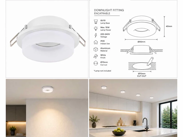 50 x downlight fitting – gu10 – wit – ø70mm – ip20 – kadife - afbeelding 5 van  5