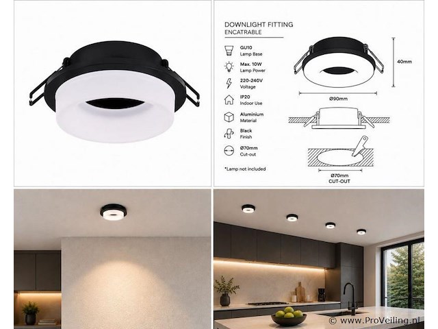 50 x downlight fitting – gu10 – zwart – ø70mm – ip20 – kadife - afbeelding 5 van  5