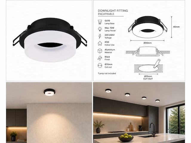 50 x downlight fitting – gu10 – zwart – ø70mm – ip20 – kadife - afbeelding 5 van  5