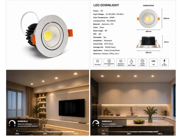 50 x led downlight – 7w – draaibaar – dimbaar – 3000k warm – zilver - afbeelding 4 van  4