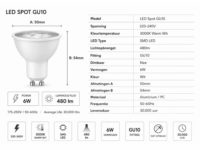 50 x led spot gu10 – 6w – 3000k warm wit – ip20 - afbeelding 3 van  4