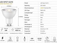 50 x led spot gu10 – 6w – 4200k neutraal wit – ip20 - afbeelding 3 van  4