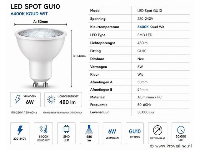 50 x led spot gu10 – 6w – 6400k koud wit – ip20 - afbeelding 3 van  4