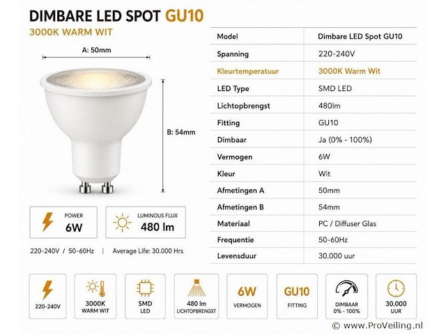 50 x led spot gu10 – 6w – dimbaar – 3000k warm wit – ip20 - afbeelding 3 van  4