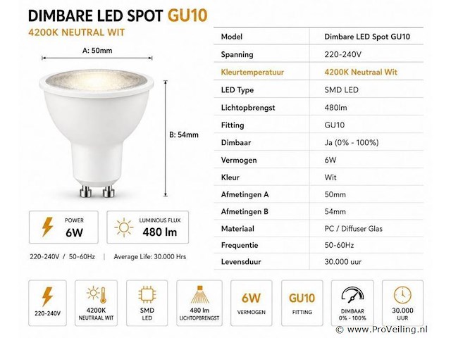 50 x led spot gu10 – 6w – dimbaar – 4200k neutraal wit – ip20 - afbeelding 3 van  4