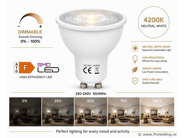 50 x led spot gu10 – 6w – dimbaar – 4200k neutraal wit – ip20 - afbeelding 1 van  4