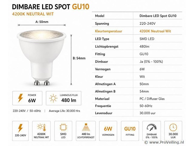 50 x led spot gu10 – 6w – dimbaar – 4200k neutraal wit – ip20 - afbeelding 3 van  4