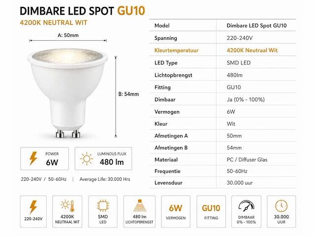 50 x led spot gu10 – 6w – dimbaar – 4200k neutraal wit – ip20 - afbeelding 3 van  4