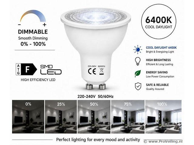50 x led spot gu10 – 6w – dimbaar – 6400k koud wit – ip20 - afbeelding 1 van  4