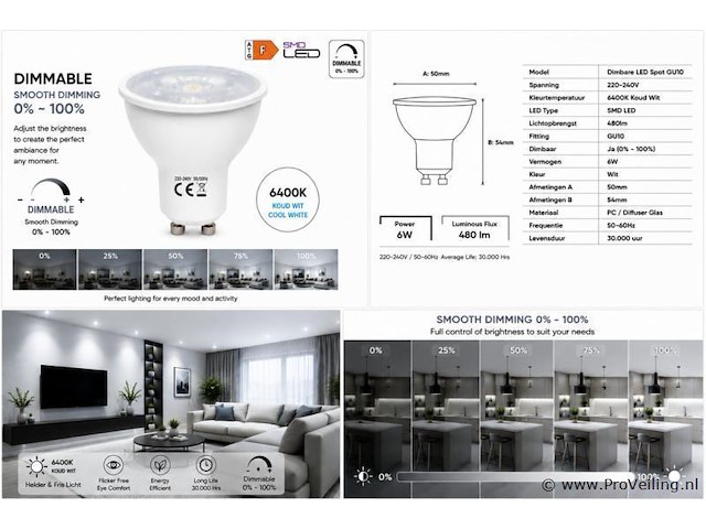 50 x led spot gu10 – 6w – dimbaar – 6400k koud wit – ip20 - afbeelding 4 van  4