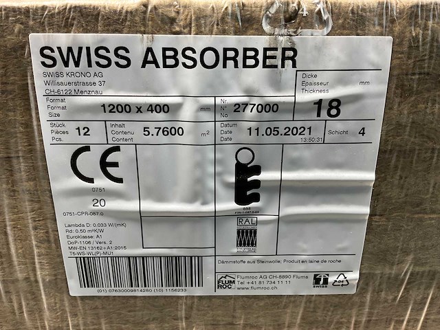 57,6m² swiss absorber steenwol isolatieplaat 1200x400x18mm - afbeelding 4 van  5