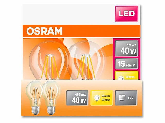 5x led lamp e27 filament 4w - 2 stuks osram, classic a 40, helder - afbeelding 2 van  2