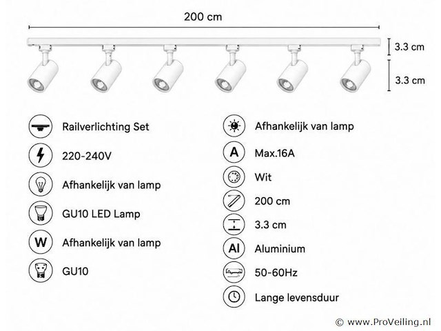 6 x 1-fase railverlichting set – 2 meter – wit – inclusief 6 x gu10 railspots - afbeelding 4 van  5