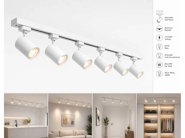 6 x 1-fase railverlichting set – 2 meter – wit – inclusief 6 x gu10 railspots - afbeelding 2 van  5