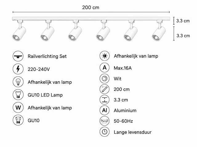 6 x 1-fase railverlichting set – 2 meter – wit – inclusief 6 x gu10 railspots - afbeelding 4 van  5