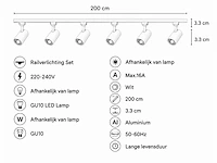 6 x 1-fase railverlichting set – 2 meter – wit – inclusief 6 x gu10 railspots - afbeelding 4 van  5