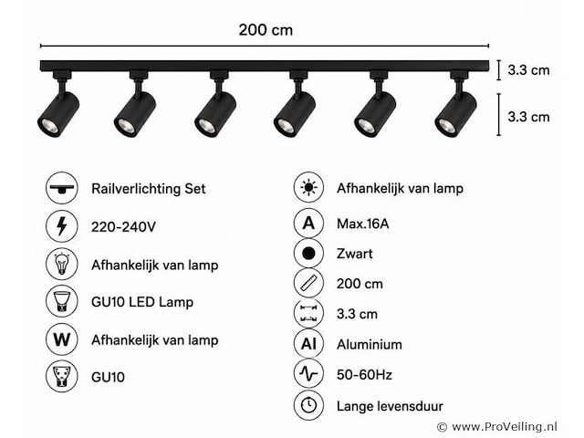 6 x 1-fase railverlichting set – 2 meter – zwart – inclusief 6 x gu10 railspots - afbeelding 4 van  5