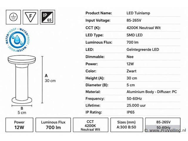 6 x led buiten sokkel lamp – 12w – 4200k neutraal wit - zwart – ip65 – dexter-2 - afbeelding 4 van  5