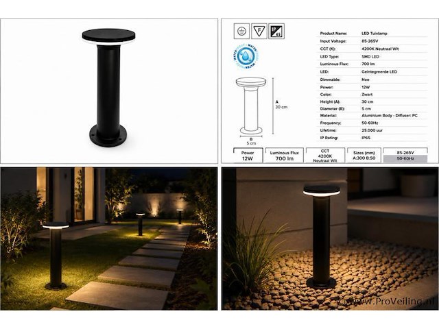 6 x led buiten sokkel lamp – 12w – 4200k neutraal wit - zwart – ip65 – dexter-2 - afbeelding 5 van  5