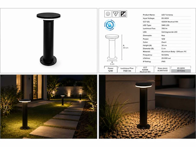 6 x led buiten sokkel lamp – 12w – 4200k neutraal wit - zwart – ip65 – dexter-2 - afbeelding 6 van  10