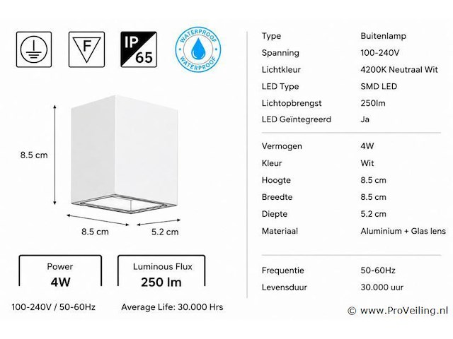 6 x led buiten wandlamp – 4w – 4200k neutraal wit - wit – ip65 – sekoya - afbeelding 4 van  5