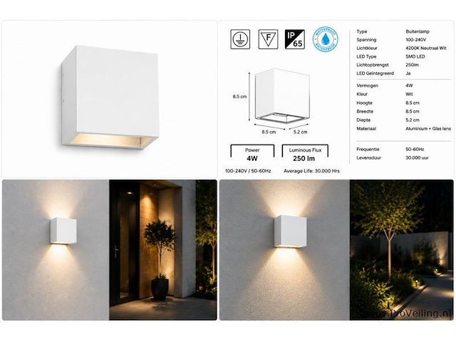 6 x led buiten wandlamp – 4w – 4200k neutraal wit - wit – ip65 – sekoya - afbeelding 5 van  5