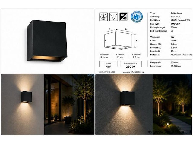 6 x led buiten wandlamp – 4w – 4200k neutraal wit - zwart – ip65 – sekoya - afbeelding 5 van  5