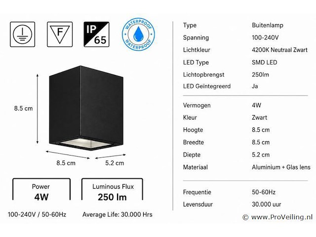 6 x led buiten wandlamp – 4w – 4200k neutraal wit - zwart – ip65 – sekoya - afbeelding 4 van  5