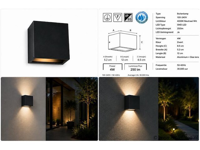6 x led buiten wandlamp – 4w – 4200k neutraal wit - zwart – ip65 – sekoya - afbeelding 5 van  5