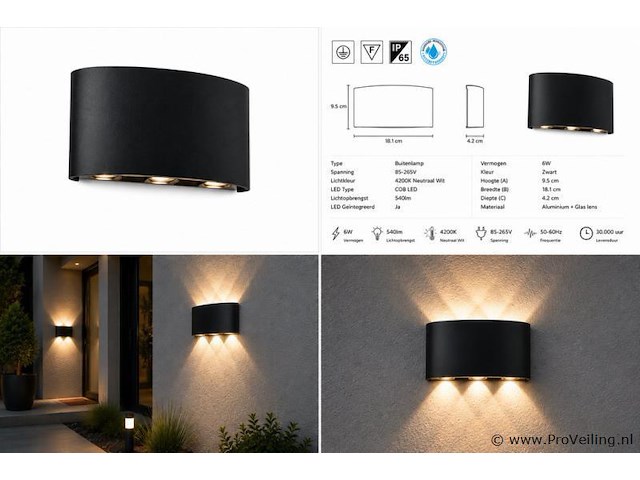 6 x led buiten wandlamp – 6w – 4200k neutraal wit - zwart – ip65 – proton-6 - afbeelding 5 van  5