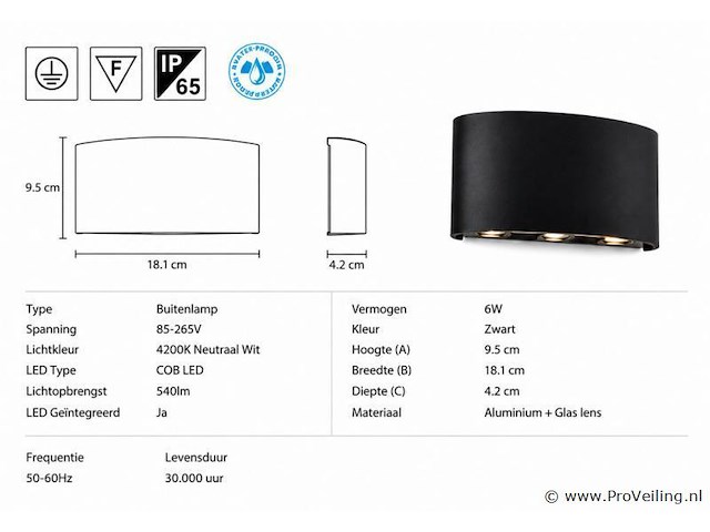 6 x led buiten wandlamp – 6w – 4200k neutraal wit - zwart – ip65 – proton-6 - afbeelding 4 van  5