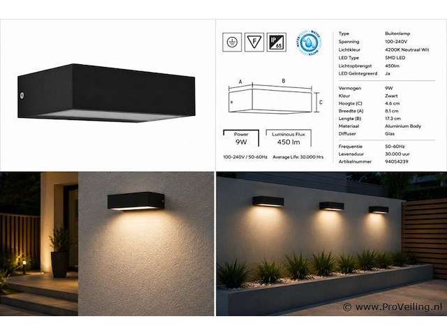 6 x led buiten wandlamp – 9w – 4200k neutraal wit - zwart – ip65 – andiz - afbeelding 5 van  5