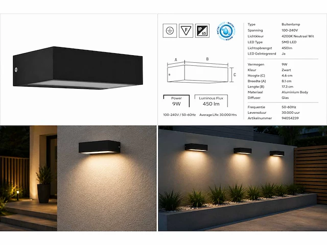 6 x led buiten wandlamp – 9w – 4200k neutraal wit - zwart – ip65 – andiz - afbeelding 11 van  15