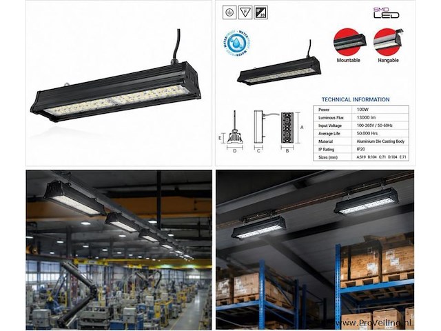 6 x led industriële hanglamp 100w – 6400k koud wit - zwart – ip20 – pyramid-100 - afbeelding 5 van  5