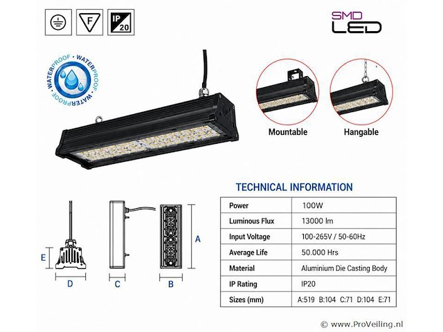 6 x led industriële hanglamp 100w – 6400k koud wit - zwart – ip20 – pyramid-100 - afbeelding 4 van  5