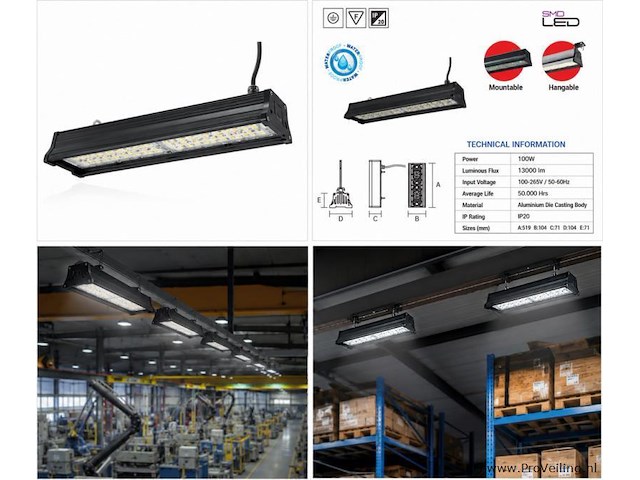 6 x led industriële hanglamp 100w – 6400k koud wit - zwart – ip20 – pyramid-100 - afbeelding 5 van  5