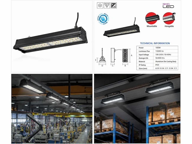 6 x led industriële hanglamp 100w – 6400k koud wit - zwart – ip20 – pyramid-100 - afbeelding 5 van  5