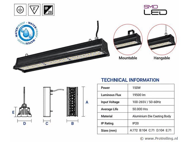 6 x led industriële hanglamp 150w – 6400k koud wit - zwart – ip20 – pyramid-150 - afbeelding 4 van  5