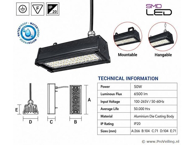 6 x led industriële hanglamp 50w – 6400k koud wit - zwart – ip20 – pyramid-50 - afbeelding 4 van  5