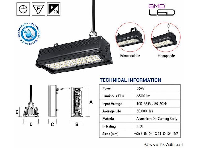 6 x led industriële hanglamp 50w – 6400k koud wit - zwart – ip20 – pyramid-50 - afbeelding 4 van  5