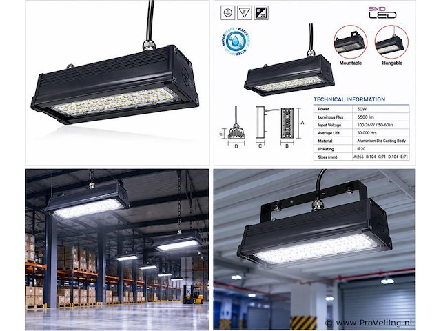 6 x led industriële hanglamp 50w – 6400k koud wit - zwart – ip20 – pyramid-50 - afbeelding 5 van  5