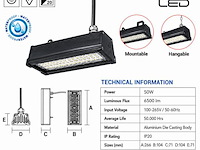 6 x led industriële hanglamp 50w – 6400k koud wit - zwart – ip20 – pyramid-50 - afbeelding 4 van  5