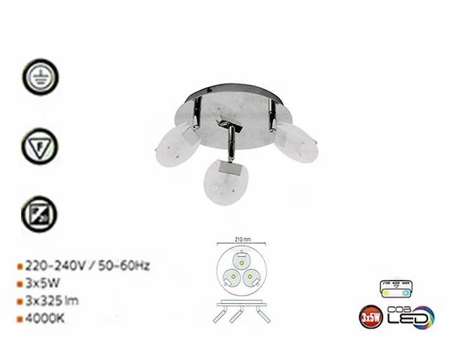 6 x led plafondlamp – 3 spots – 3 x 5w – 4000k neutraal wit – zilver – hl7160l - afbeelding 3 van  4