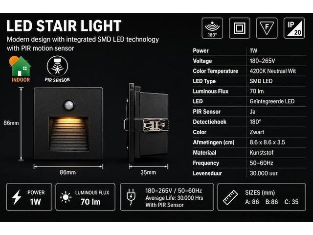 6 x led trapverlichting 1w – 4200k neutraal wit - zwart – pir sensor – ip20 – diamond - afbeelding 4 van  5